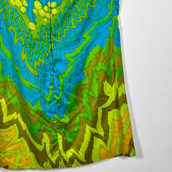 Vintage 1960s Psychedelic Shift Dress Blue Green Yellow Floral Tropical Print - Picture 14 of 16
